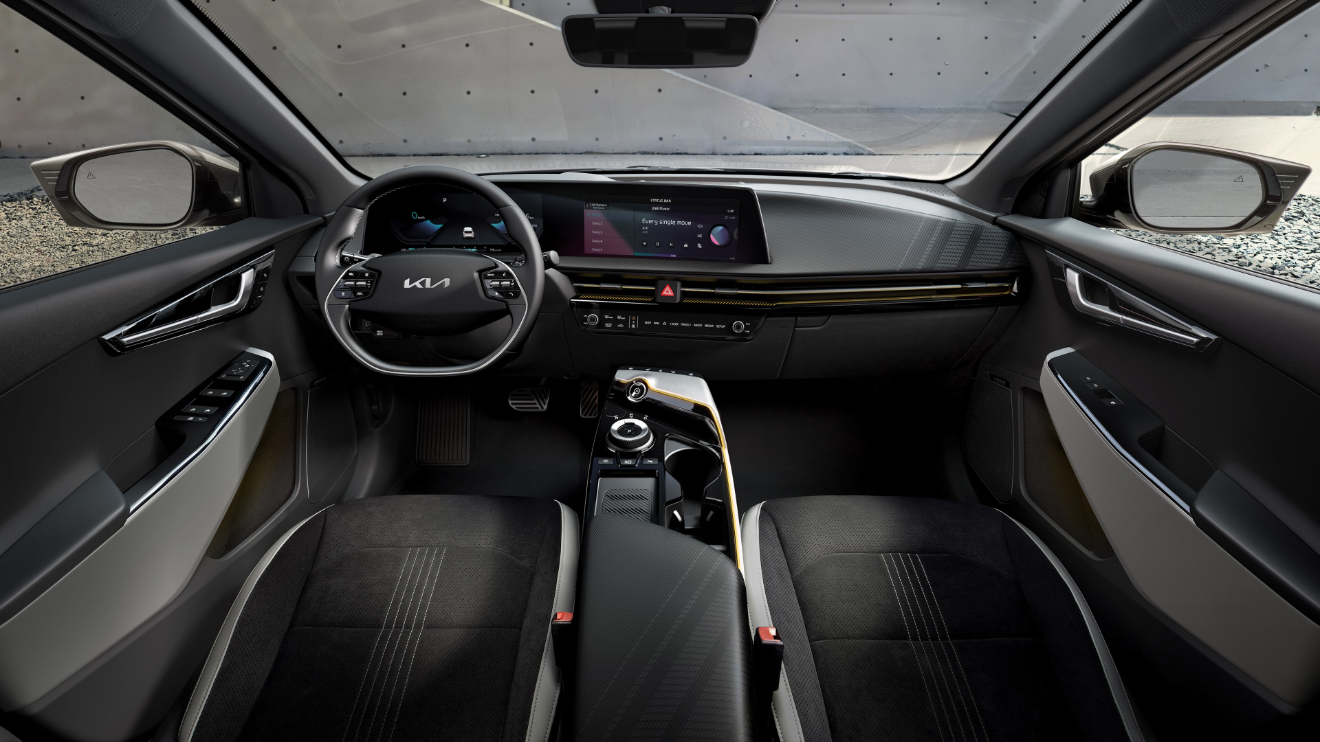 SMALL_3. The Kia EV6融合前衛外觀與新世代內裝設計，前座搭載雙12.3吋全景曲面顯示螢幕、一鍵切換數位控制面板，開啟智慧高質感行車體驗。 